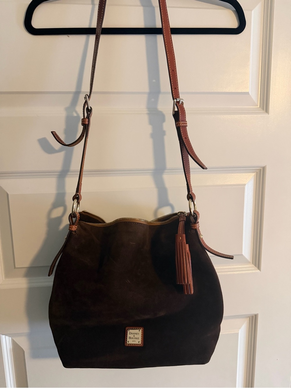 Dooney & Bourke Dark Brown Suede Shoulder Bag with Tassel - Picture 3 of 3